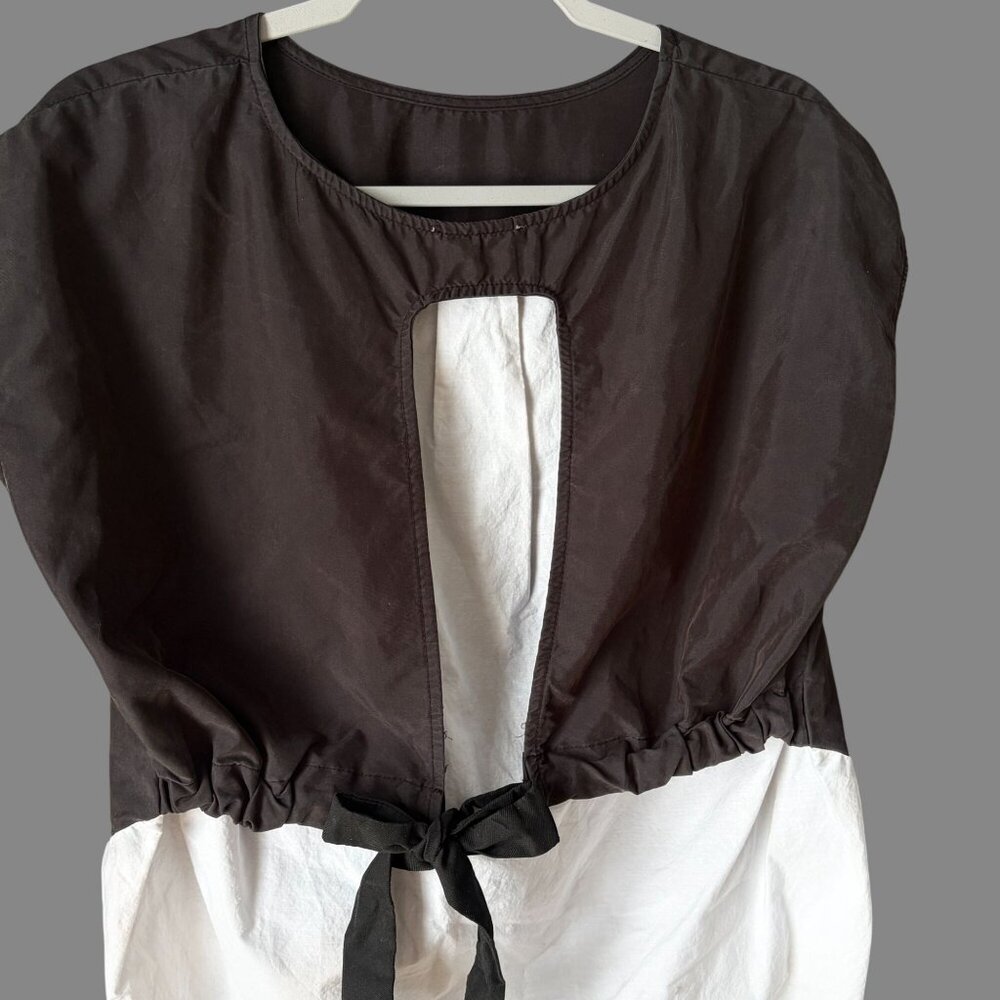 Mod Ref Colorblock Tie Front Top Black White Hi Low Hem Shirt Size Medium - Picture 6 of 8